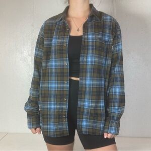 Eddie Bauer Blue + Brown Plaid Flannel Long Sleeve Button Down Shirt